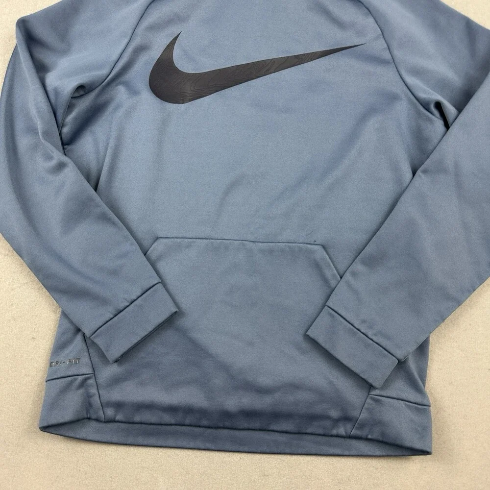 Nike Hoodie Men Medium Blue Soid Big Swoosh Pullover Sweatshirt Pocket M *
